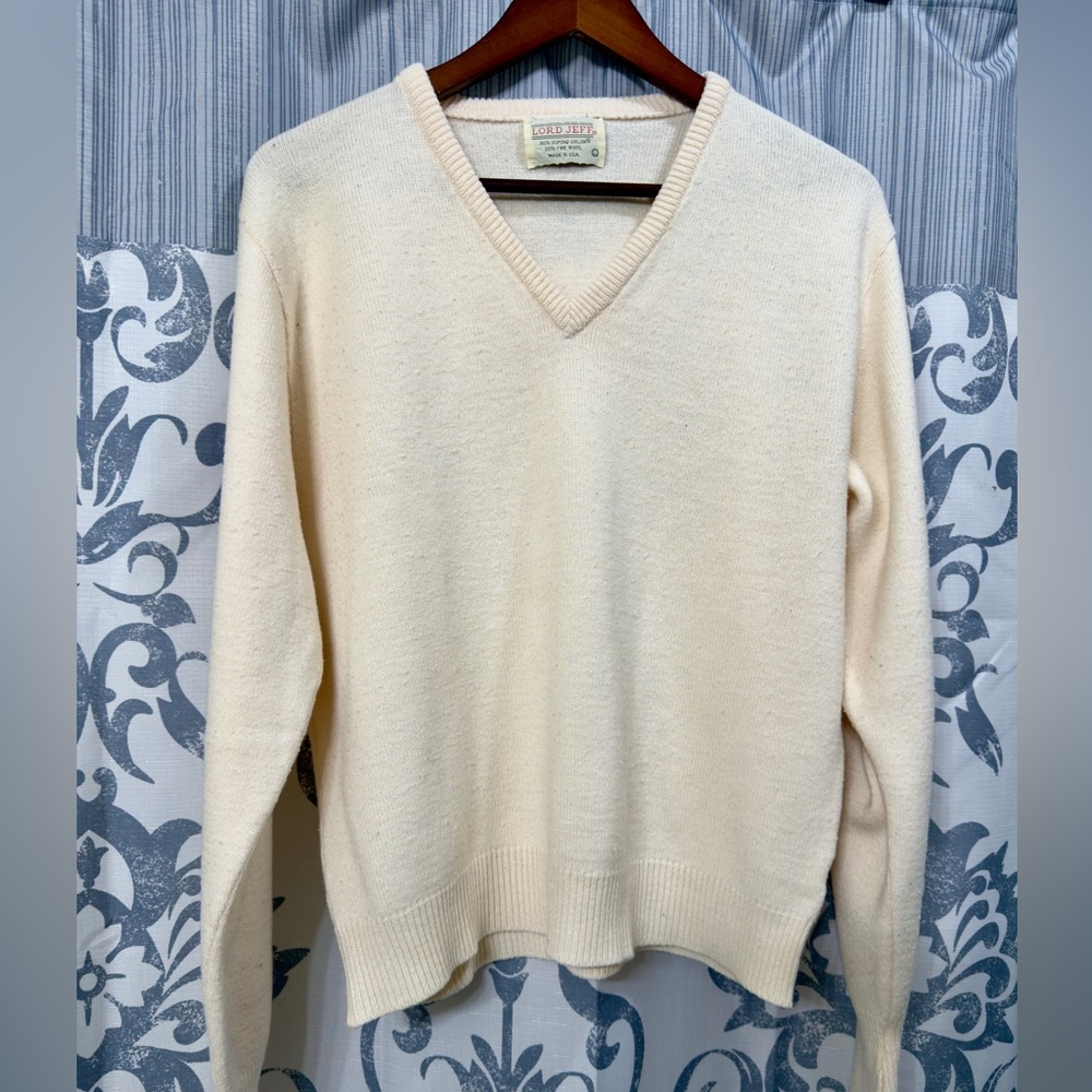 Vintage Jefflon Lord Jeff V-Neck Pullover Wool Orlon‎ Blend Sweater Men's L EUC